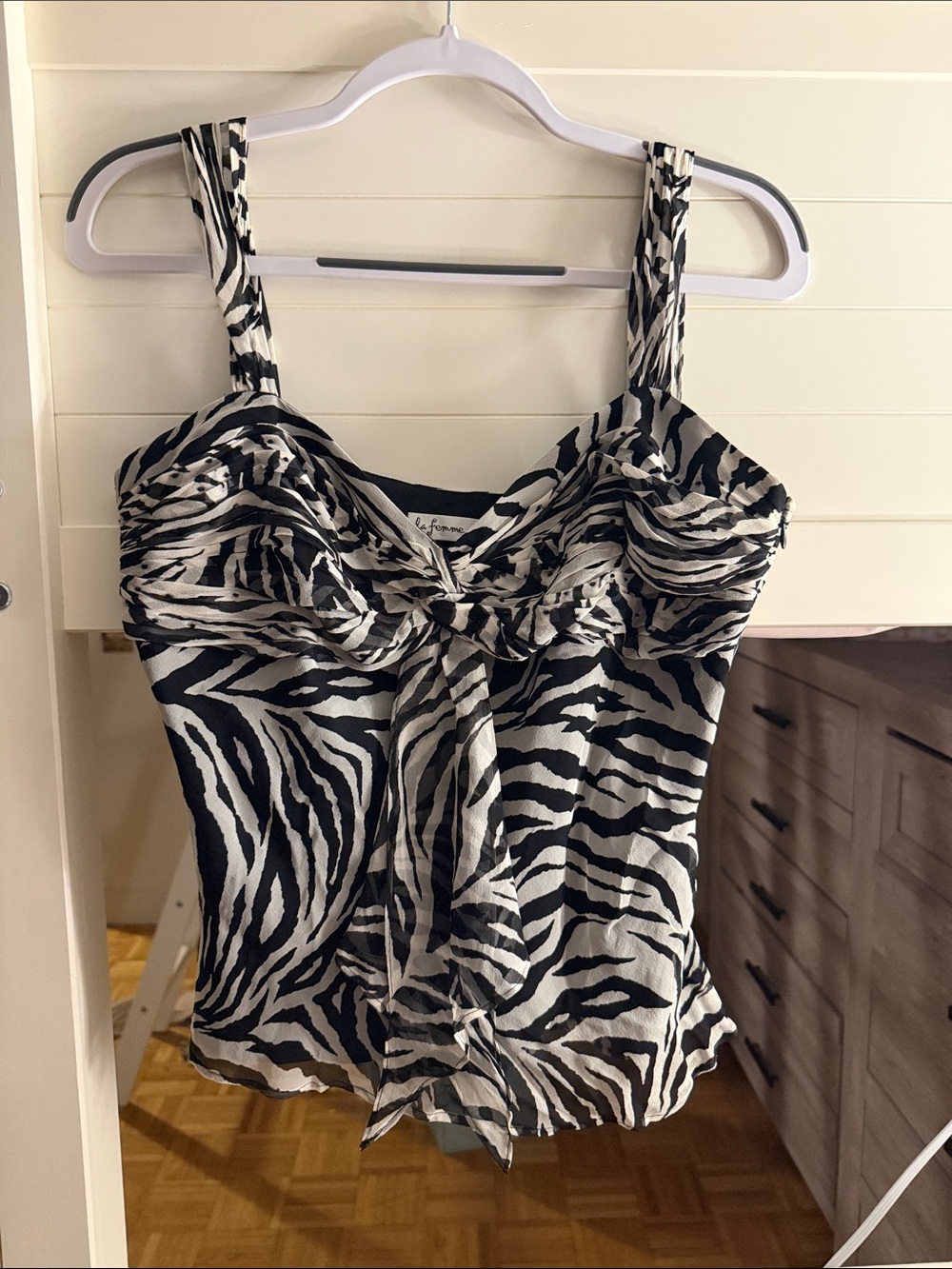 Zebra Print Tie-Front Beaded Tank Top - Black & White